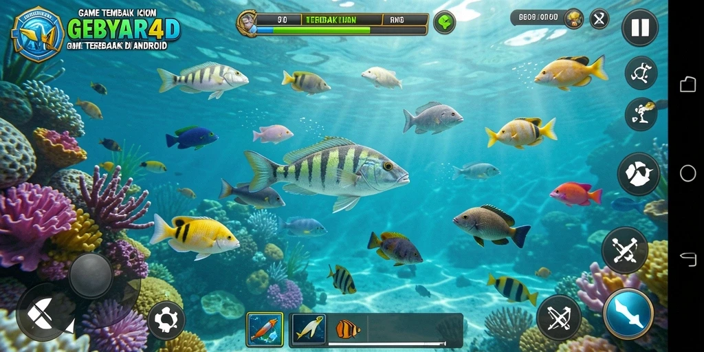 Tampilan gameplay seru dalam GEBYAR4D, tembak ikan untuk meraih poin.