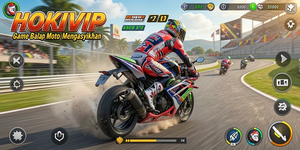 Gameplay HOKIVIP yang menampilkan balapan motor yang seru dan menantang.