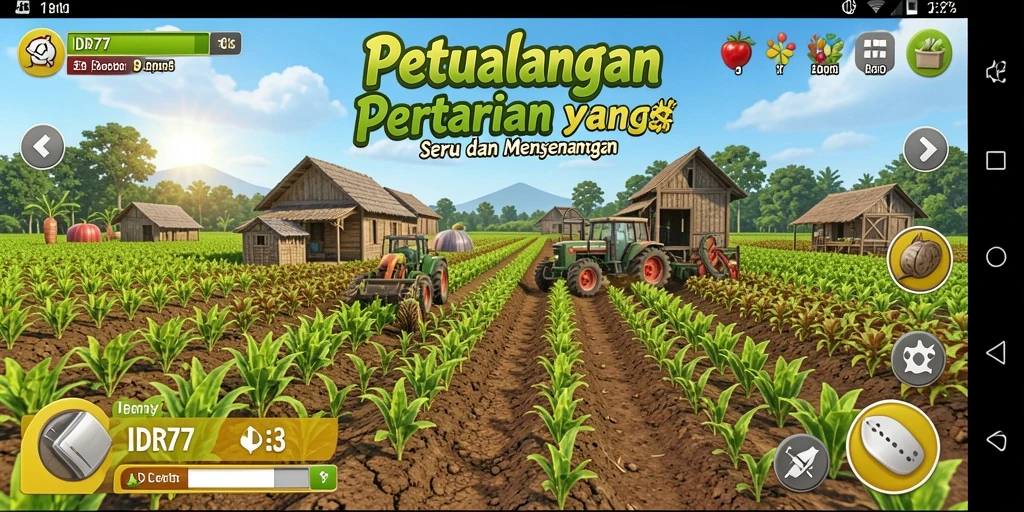 Tampilan tangkapan layar IDR77 menunjukkan ladang yang subur dan hewan peliharaan.