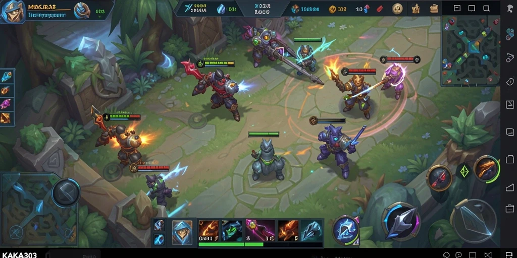 Screenshot gameplay KAKA303 menampilkan pertempuran seru antara dua tim MOBA.