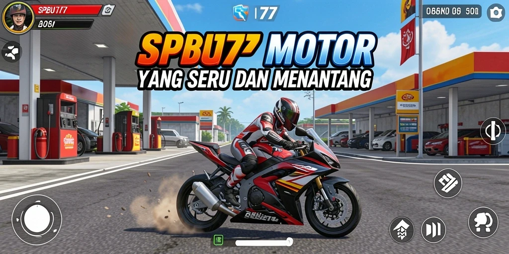 Screenshot gameplay SPBU77 yang menunjukkan aksi balap yang mendebarkan.