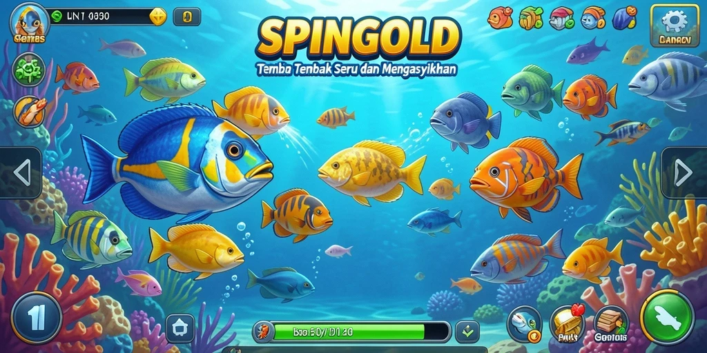 Tampilan gameplay SPINGOLD yang memukau dengan aksi menembak ikan.